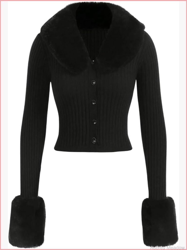 Faux Fur Fuzzy Cardigan Y2k Long Sleeve Rib Knit Pullover